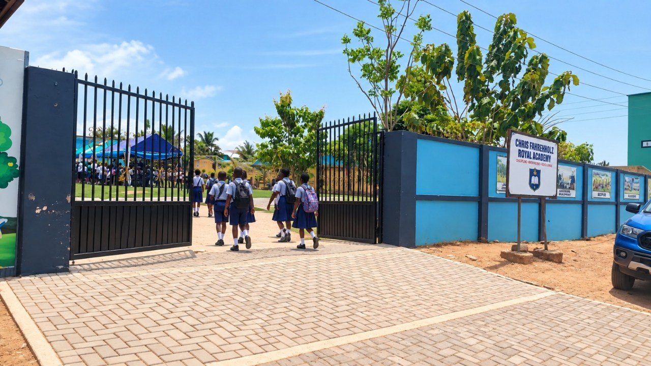 Students arriving through the main gate
